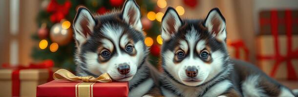 Cute puppies rest beside holiday gifts while Christmas decorations twinkle in the background photo