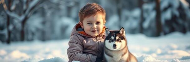 Joyful moment between a child and a husky puppy in a snowy landscape during winter afternoon photo