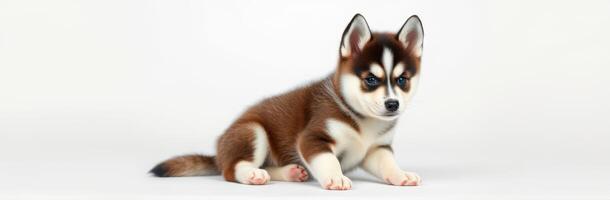 Cute brown and white husky puppy lying on a light background during daytime photo