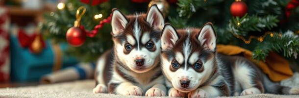 Two adorable husky puppies relaxing under a beautifully decorated Christmas tree in a cozy living room setting photo