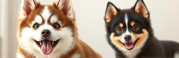 Cute puppies play together in a cozy indoor environment showcasing their playful nature and expressive faces photo