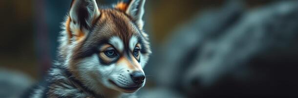 Cute puppy with striking features sits among rocks in a forest setting during late afternoon photo