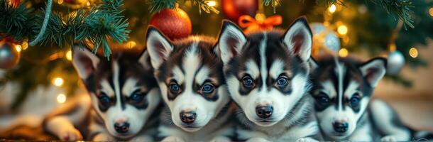 Cute husky puppies resting under a decorated Christmas tree with colorful lights and ornaments photo