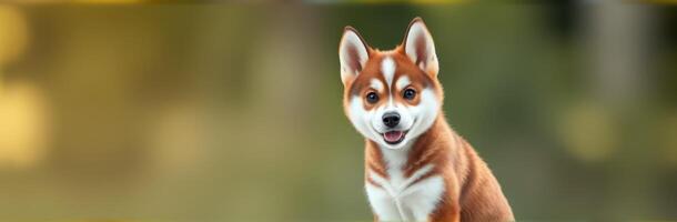 Happy shiba inu puppy joyfully sitting outdoors in soft sunlight surrounded by nature's beauty photo