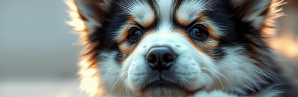 Cute fluffy dog gazing curiously with soft sunlight illuminating its fur in a cozy indoor setting photo