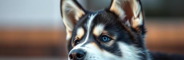 Dog with striking blue eyes gazes curiously outdoors during a sunny afternoon in a suburban setting photo