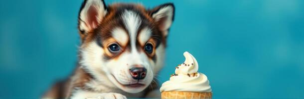 Puppy enjoying a delicious ice cream treat on a sunny day in the park photo