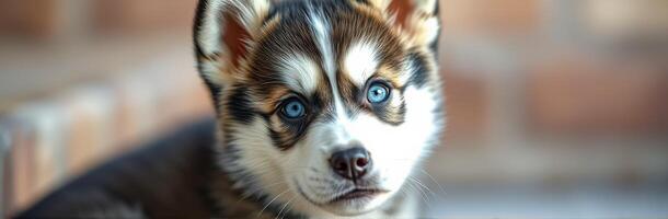 Cute puppy with striking blue eyes poses for a close-up in a cozy indoor setting photo
