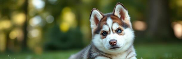 Cute husky puppy resting in a sunny park during afternoon hours with vibrant greenery in the background photo
