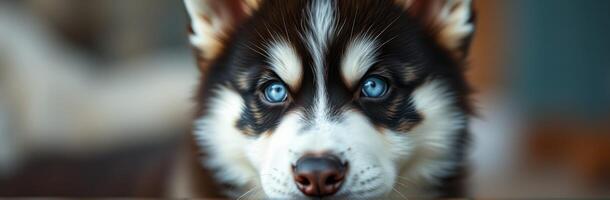 Husky puppy with striking blue eyes gazes intently in a cozy indoor setting photo