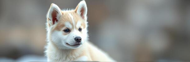 Cute husky puppy with cream and orange fur gazes curiously during a sunny afternoon outdoors in a natural setting photo