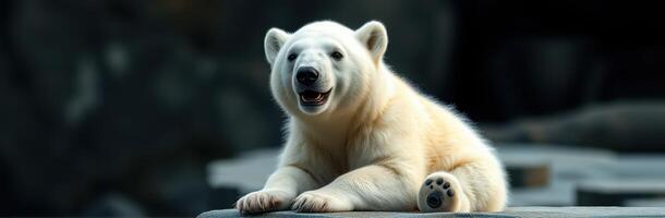 Cute polar bear cub relaxing on a rocky surface in a habitat conservation area during the afternoon light photo
