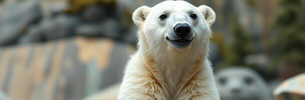 Polar bear in a natural habitat exhibits cheerful demeanor during daytime exploration photo
