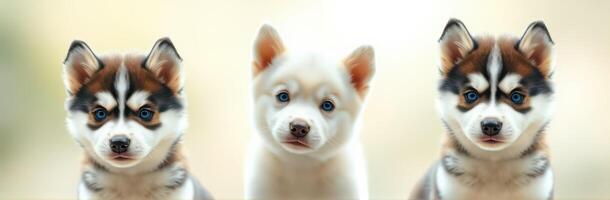 Three adorable puppies with striking blue eyes pose together in a bright and serene setting photo