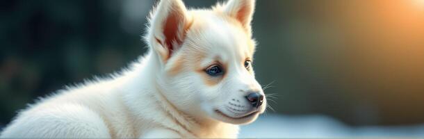 Cute white puppy with light brown accents enjoying the afternoon sunlight in a natural setting photo
