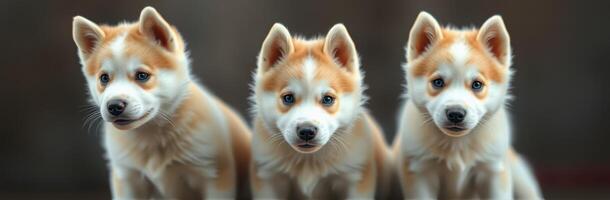 Cute fluffy puppies sitting together showing curiosity and playfulness in a cozy indoor setting photo