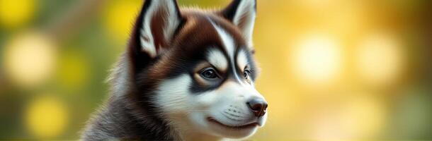 Playful husky puppy enjoys a sunny afternoon in a lush park setting with blurred background photo