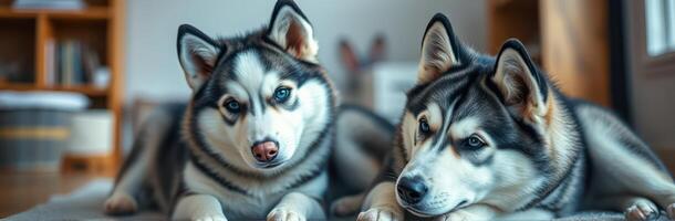 Two playful Siberian huskies relaxing indoors in a cozy living room setting during the afternoon photo