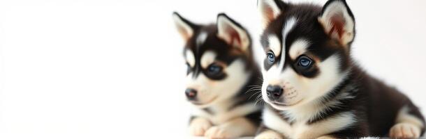 Two adorable husky puppies sit side by side with striking blue eyes and distinct black and white fur patterns in a cozy setting photo