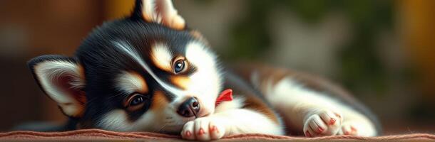 Cute puppy resting comfortably indoors, showcasing playful demeanor and striking coat patterns in a cozy environment photo