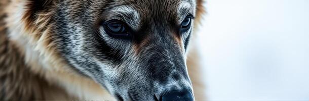 Close-up of a wolf's face highlighting its intense gaze against a snowy backdrop in a forest setting at dawn photo