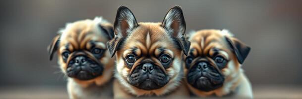 Three adorable pug puppies posing together in a cozy indoor setting during the afternoon photo