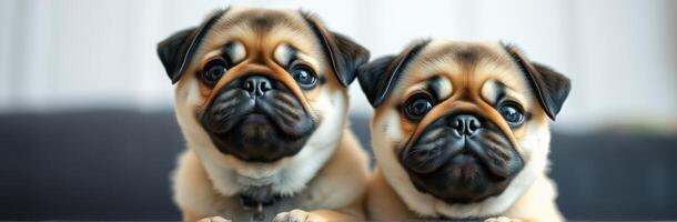 Two adorable pugs sitting together indoors, showcasing their playful and charming personalities in a cozy environment photo