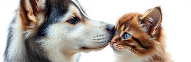 Close encounter between a playful cat and a friendly dog against a soft background photo