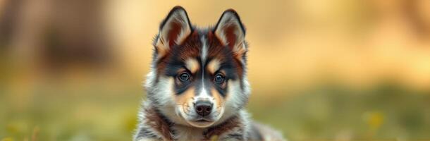 Adorable puppy with striking fur relaxing on grass in a sunny outdoor setting photo