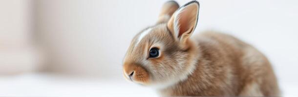 Small brown rabbit with soft fur explores its surroundings in a bright indoor space during daylight hours photo