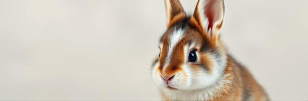 Close up of a rabbit with soft fur and expressive eyes looking curiously towards the camera in a neutral setting photo