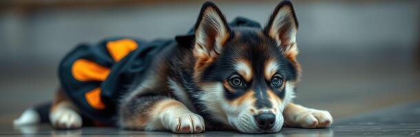 Cute corgi puppy dressed in a black outfit with orange accents relaxing indoors in a cozy environment photo