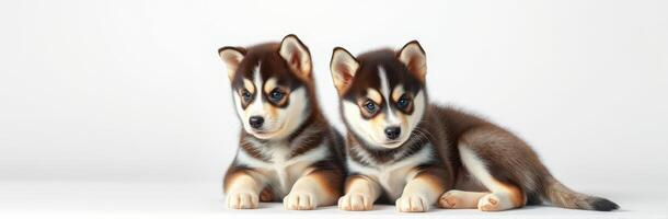 Two adorable puppies playfully lying down, showcasing their distinct fur patterns in a bright indoor space photo