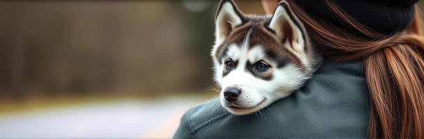 Woman holds adorable husky puppy on her shoulder during a relaxed outdoor stroll on a cloudy day photo