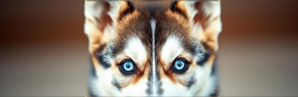 Close-up of a dog with striking blue eyes looking directly at the camera in a warm indoor setting photo