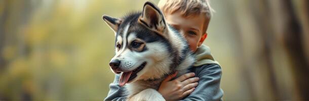 Child embraces a playful husky dog in a forest during autumn photo