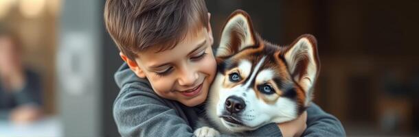 Young boy joyfully hugs his playful husky puppy in a cozy setting during a sunny afternoon photo