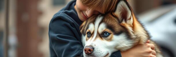 Young child embraces a husky dog in a relaxed urban setting during late afternoon photo