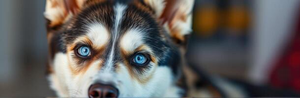 Close-up of a Siberian Husky with striking blue eyes in a cozy indoor setting during day time photo