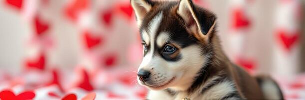 Cute husky puppy resting on a bed decorated with heart-shaped patterns during a sunny afternoon photo