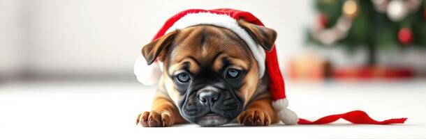 Cute dog wearing a Santa hat lying on the floor beside a Christmas tree decorated with colorful ornaments photo