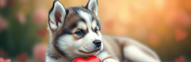 Adorable husky puppy lying on a soft surface holding a red heart-shaped toy in a flower-filled garden photo