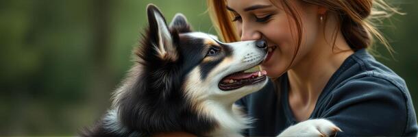 Joyful moment of a woman embracing her fluffy dog in a lush green park during a sunny afternoon photo