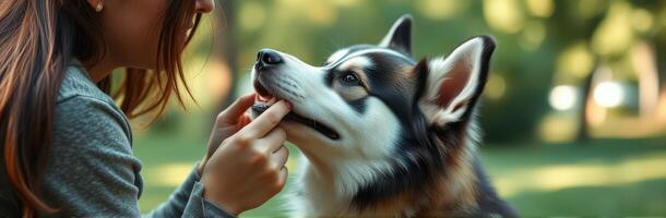 Woman interacting with a friendly dog in a sunny park while enjoying a playful moment together photo