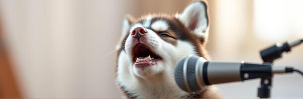 Dog singing into a microphone with a joyful expression in a cozy indoor setting photo