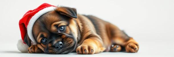 Cute puppy wearing a Christmas hat relaxing on a smooth surface during the holiday season photo
