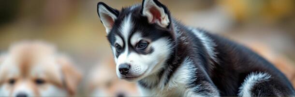 Cute husky puppy playing outdoors with other puppies in a sunny garden during early afternoon photo