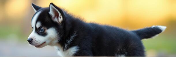 Cute husky puppy exploring outdoors during golden hour in a natural setting photo