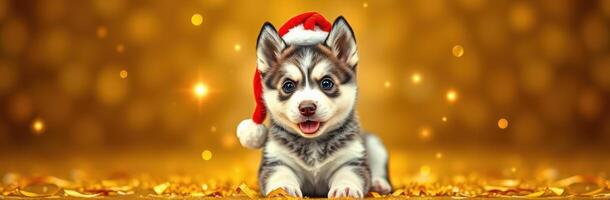Cute puppy wearing Santa hat celebrates festive season with cheerful expression in a golden sparkling background photo