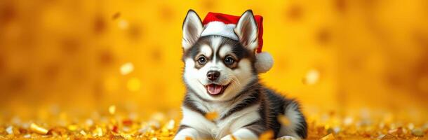 Cute puppy wearing Santa hat sits on golden confetti during festive celebration photo